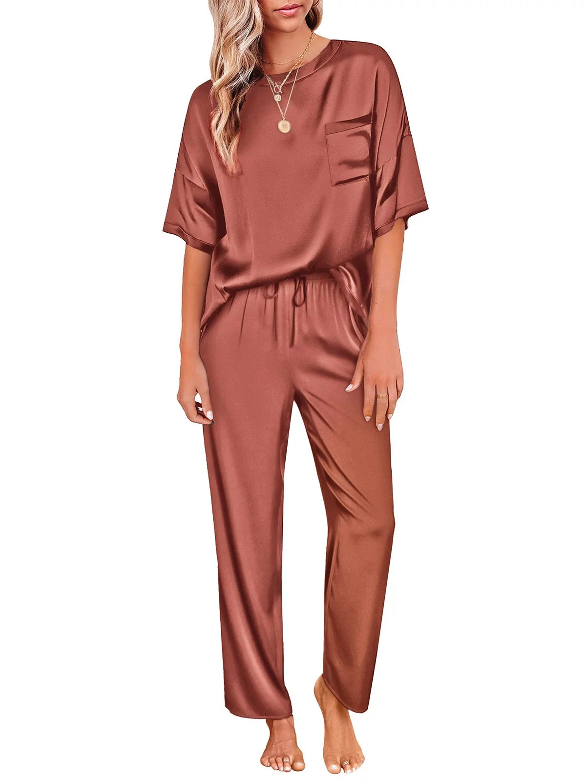 Womens Silk Satin Pajama Set Short Sleeve Shirt with Long Pajama Pant Set Two-Piece Pj Sets Soft Sleepwear Loungewear Nightwear Button-Down Pjs S-2XL, Wine Red, L